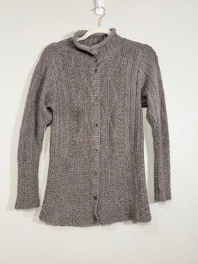 Inis Meain Patented Aran Cardigan Ireland Alpaca Silk Cable Knit Brown Women Med